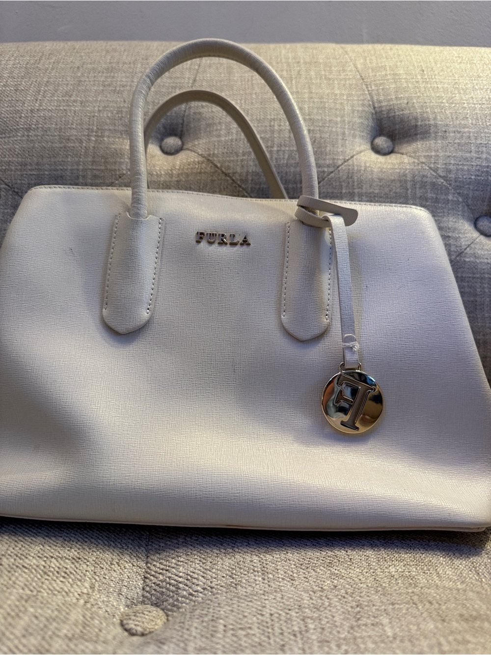 Furla Cream Leather Top-Handle Satchel with Logo Charm